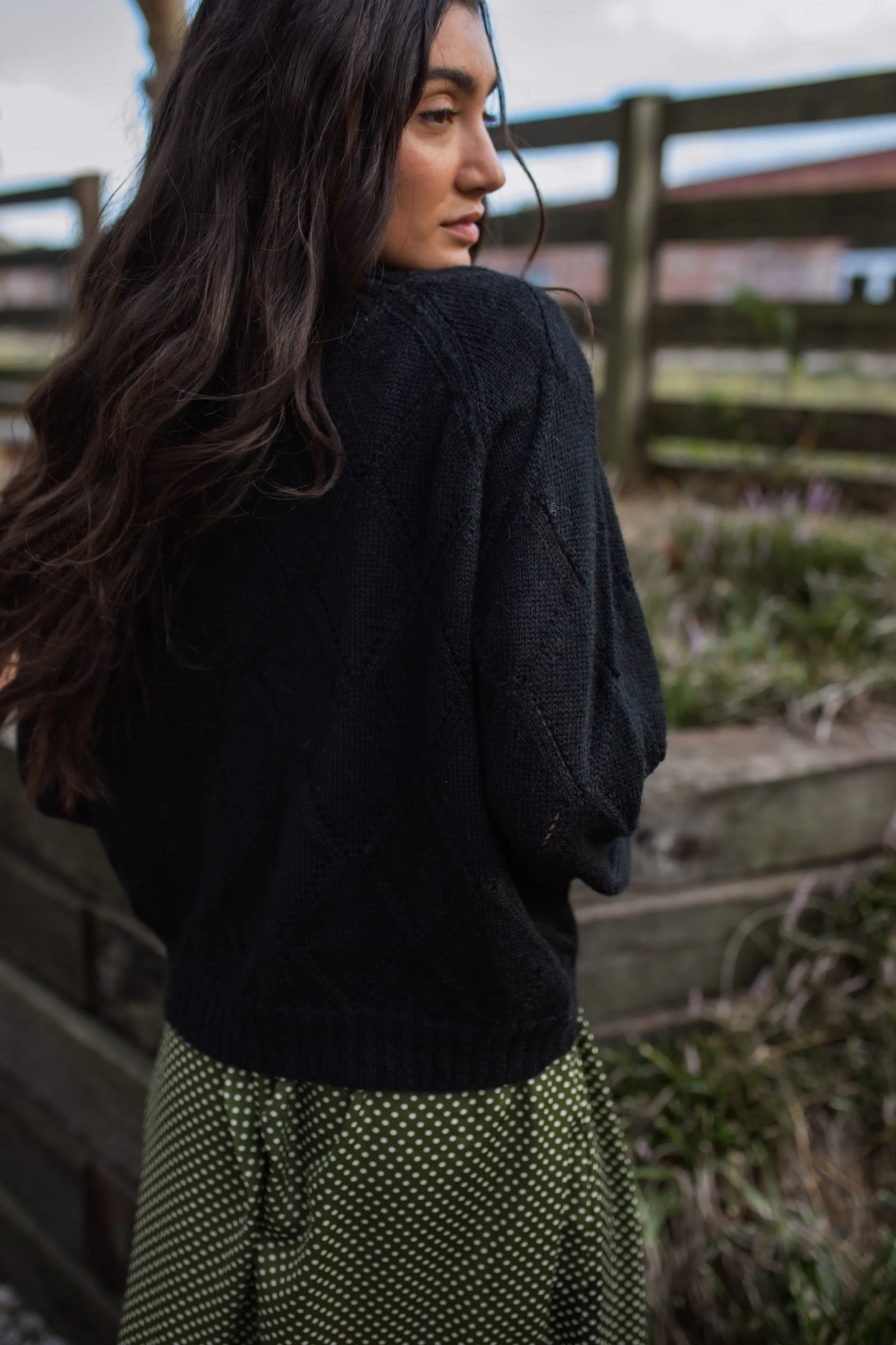 Baby Alpaca Lace Knit Mock Pullover in Black - Pre-Order 2/30