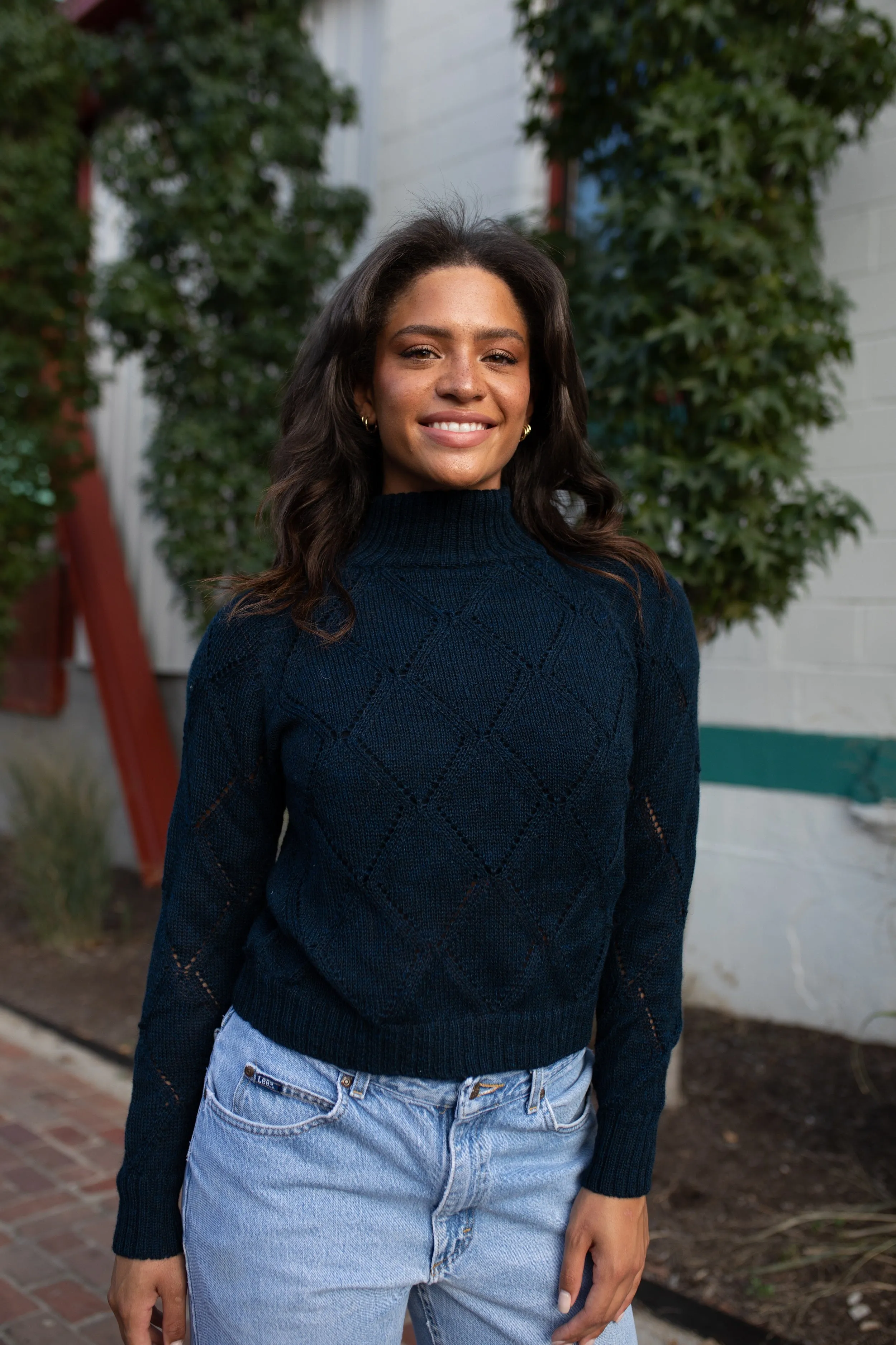 Baby Alpaca Lace Knit Mock Pullover in Navy - Pre-Order 2/30