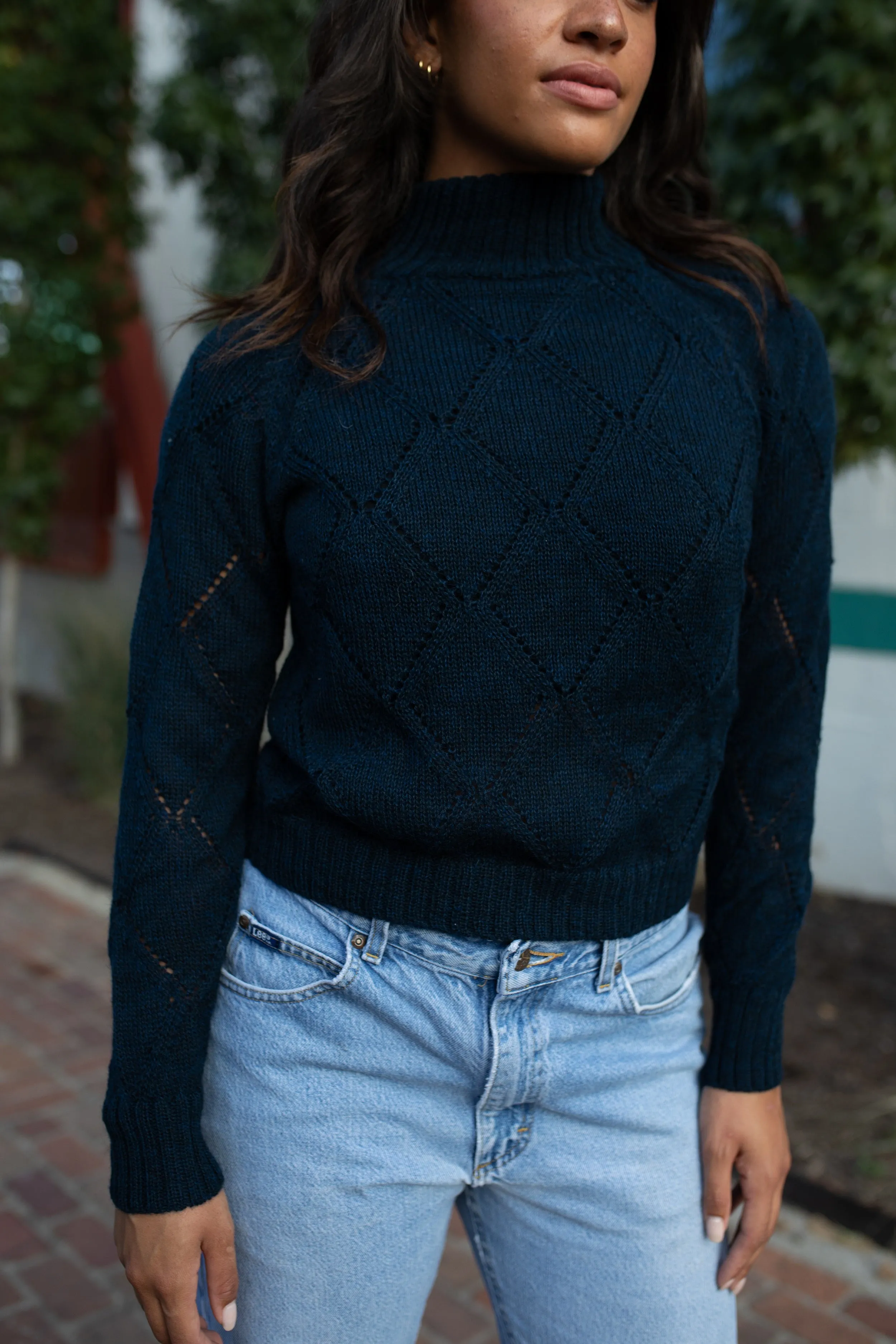 Baby Alpaca Lace Knit Mock Pullover in Navy - Pre-Order 2/30