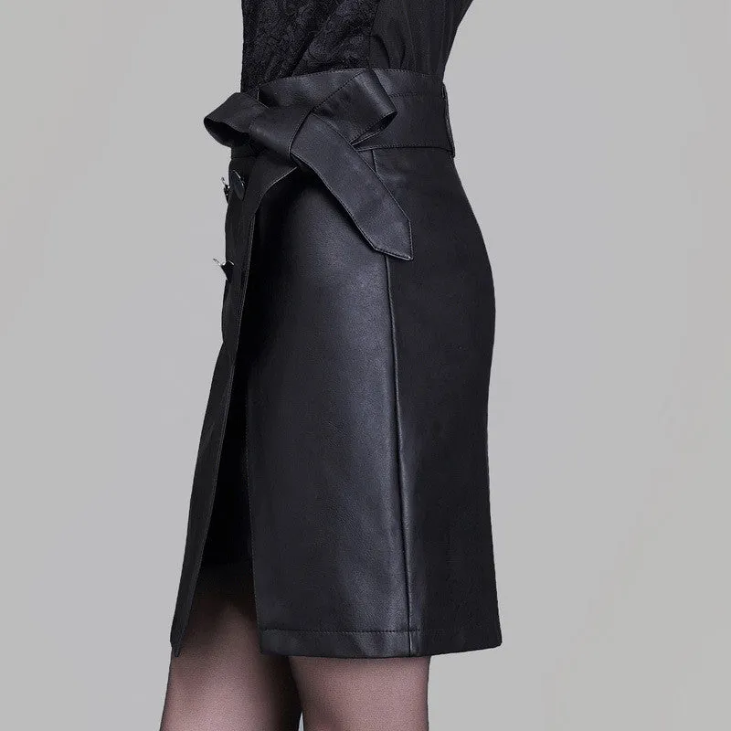 Black PU Belt Button Split Short Skirt