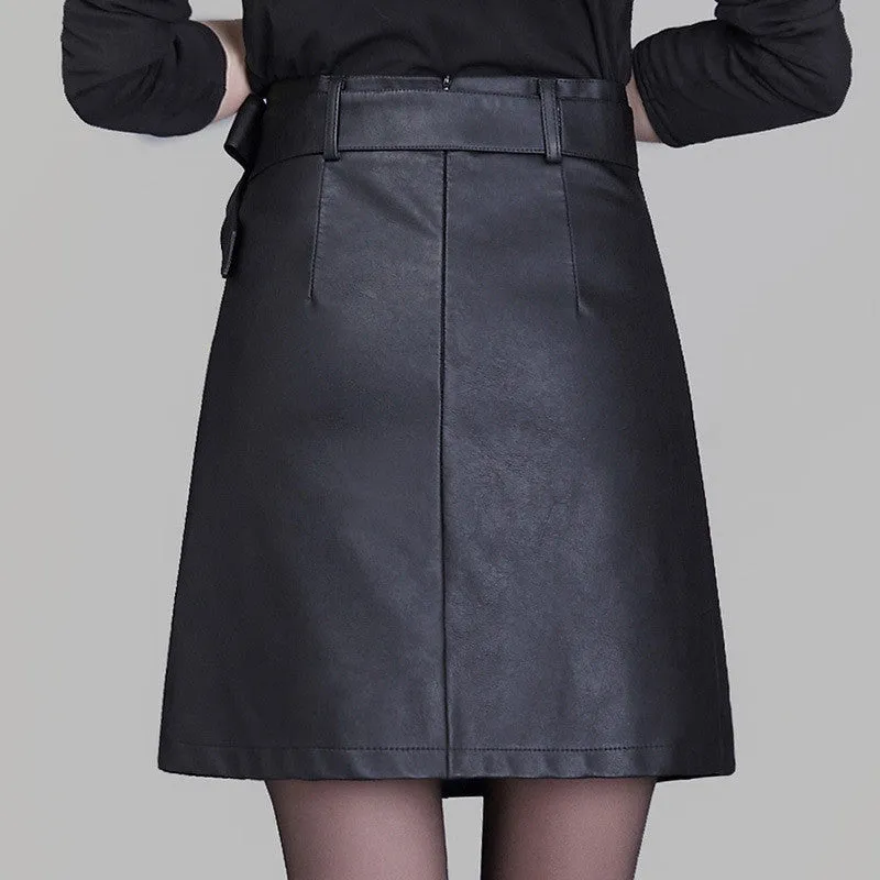 Black PU Belt Button Split Short Skirt