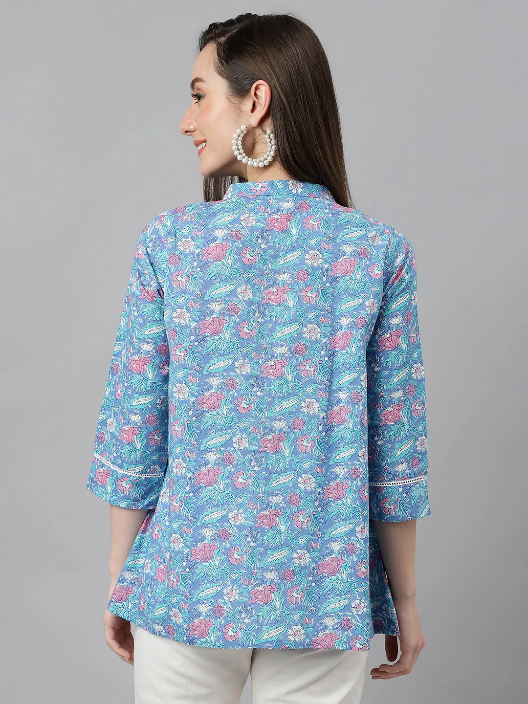 Blue Cotton Botanical Print Empire Top - By Janasya