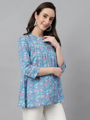 Blue Cotton Botanical Print Empire Top - By Janasya