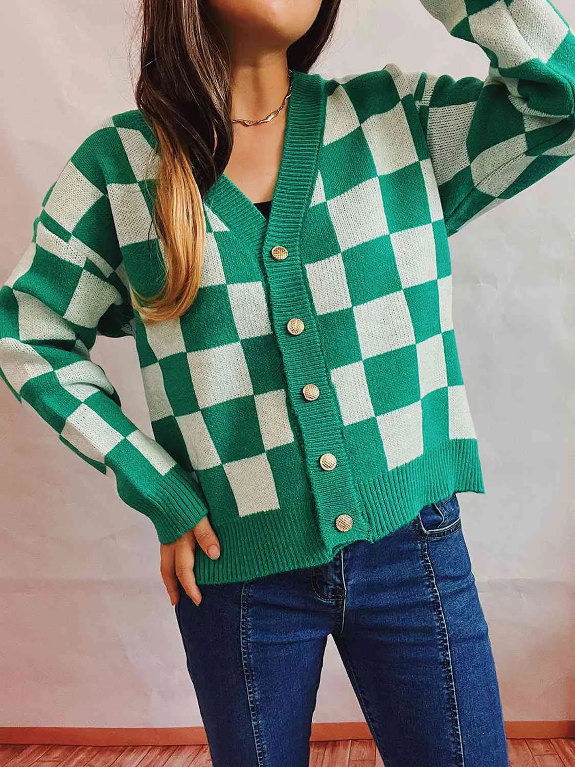 Checkered Open Front Button Up Cardigan