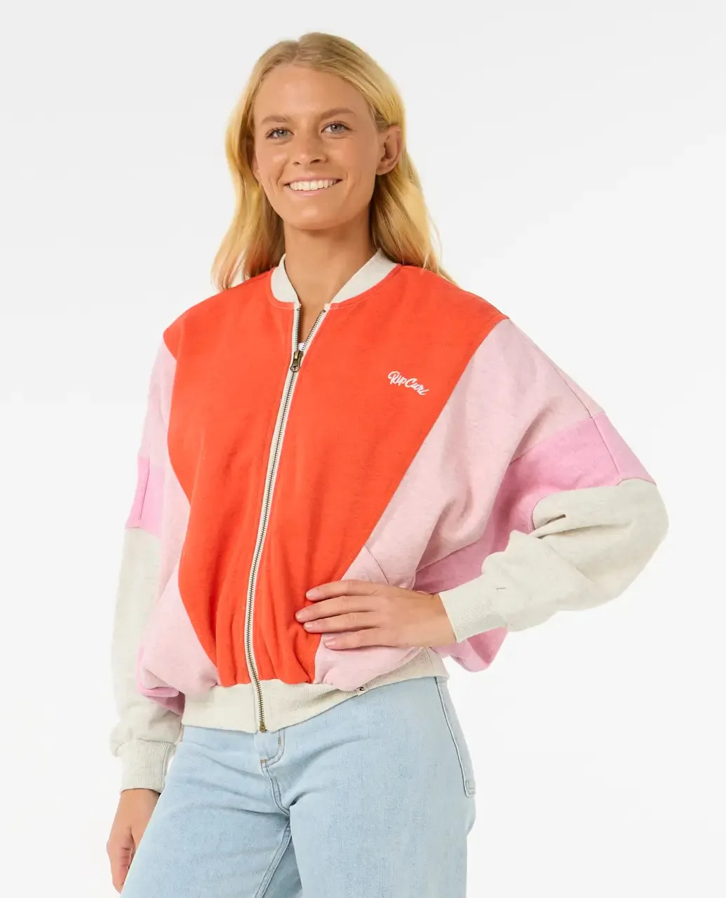 Colour Block Zip Thru Jacket in Oatmeal Marle