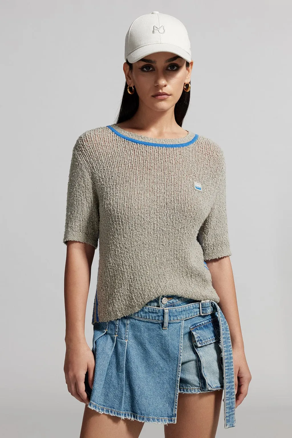 Colour Contrast Collar Short Sleeves Knit Top