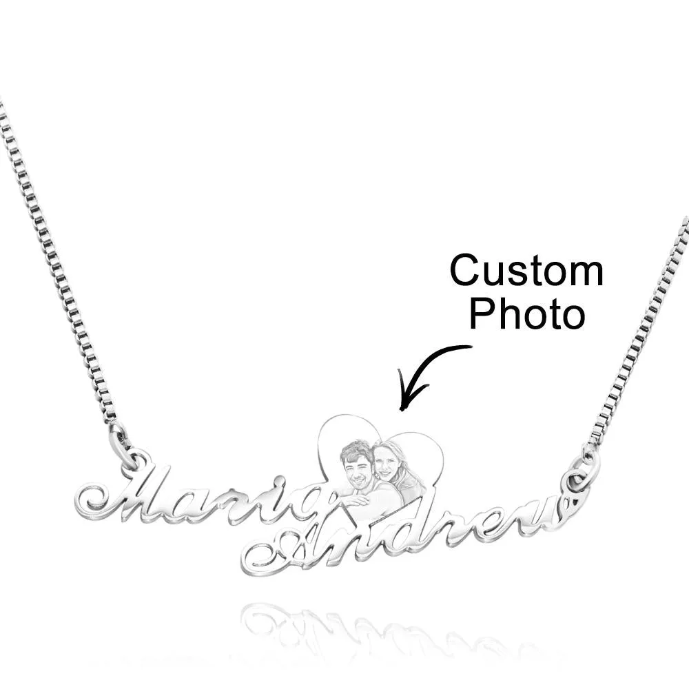 Custom Engraved Heart Photo Necklace Double Plated Name Necklace for Women