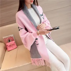 Embroidery Floral Tassel Trench Coats Women Cloak Long Sleeves Knitted Cardigan Sweater Windbreaker Winter