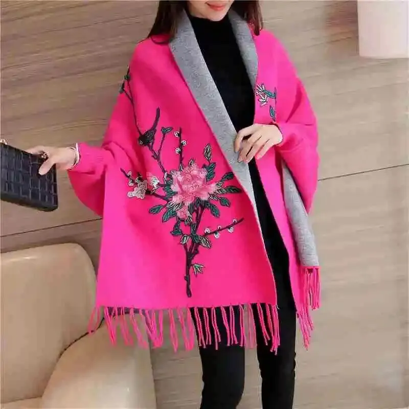 Embroidery Floral Tassel Trench Coats Women Cloak Long Sleeves Knitted Cardigan Sweater Windbreaker Winter