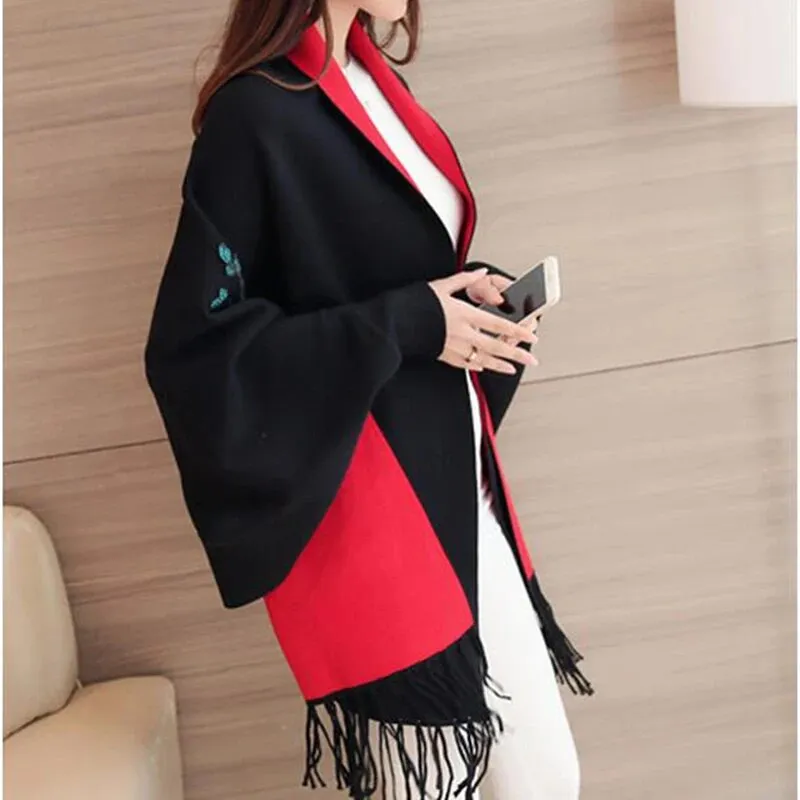 Embroidery Floral Tassel Trench Coats Women Cloak Long Sleeves Knitted Cardigan Sweater Windbreaker Winter