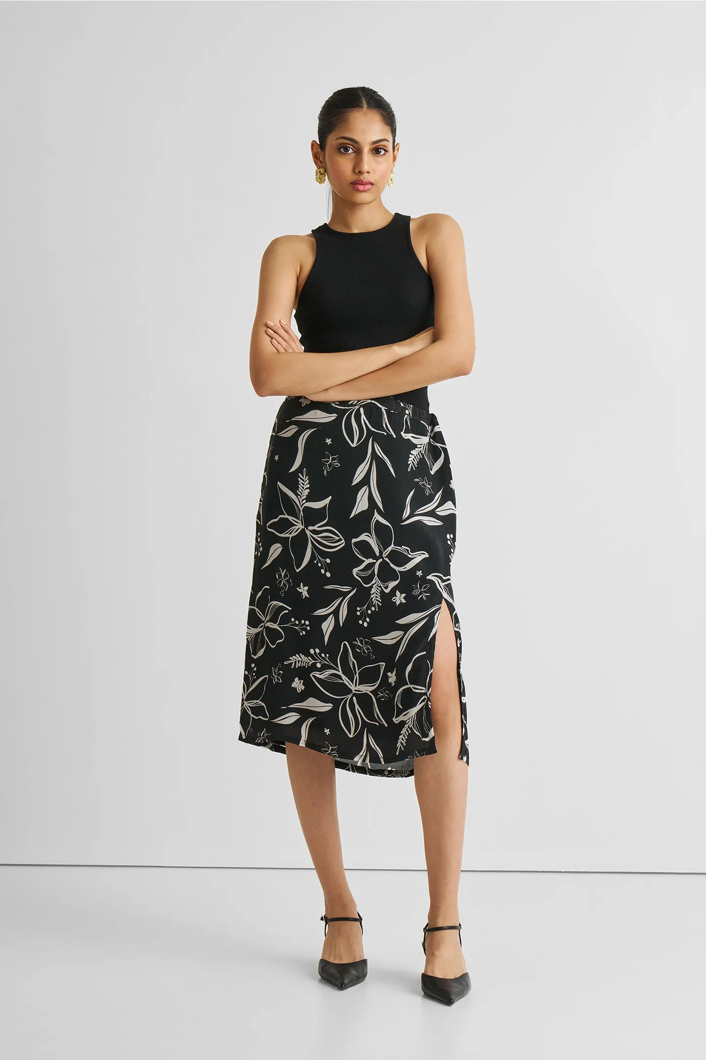 Floral Skirt with Front Slit