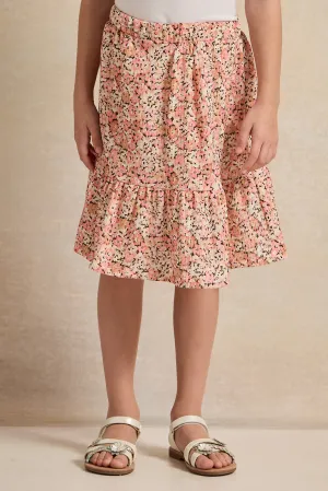 Girls Pink Flower Allover Print Skirt