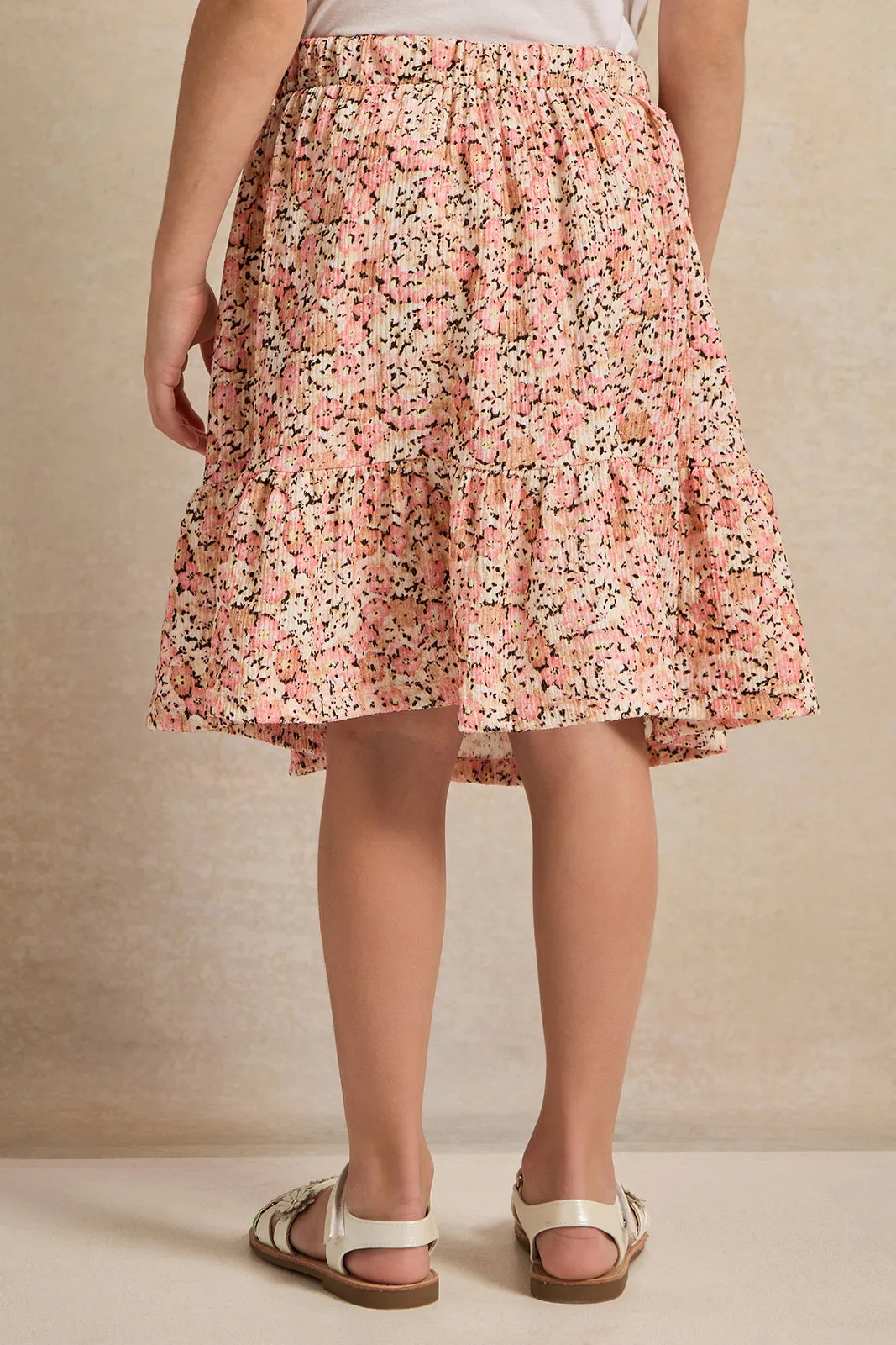 Girls Pink Flower Allover Print Skirt