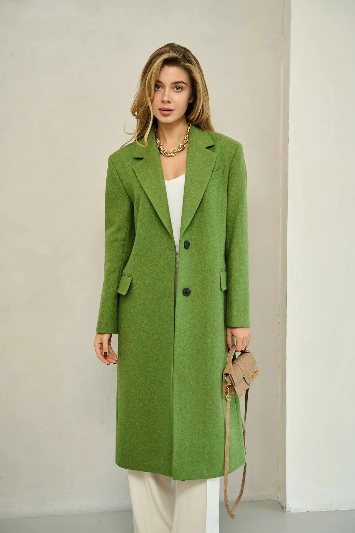 Grass green long wool coat