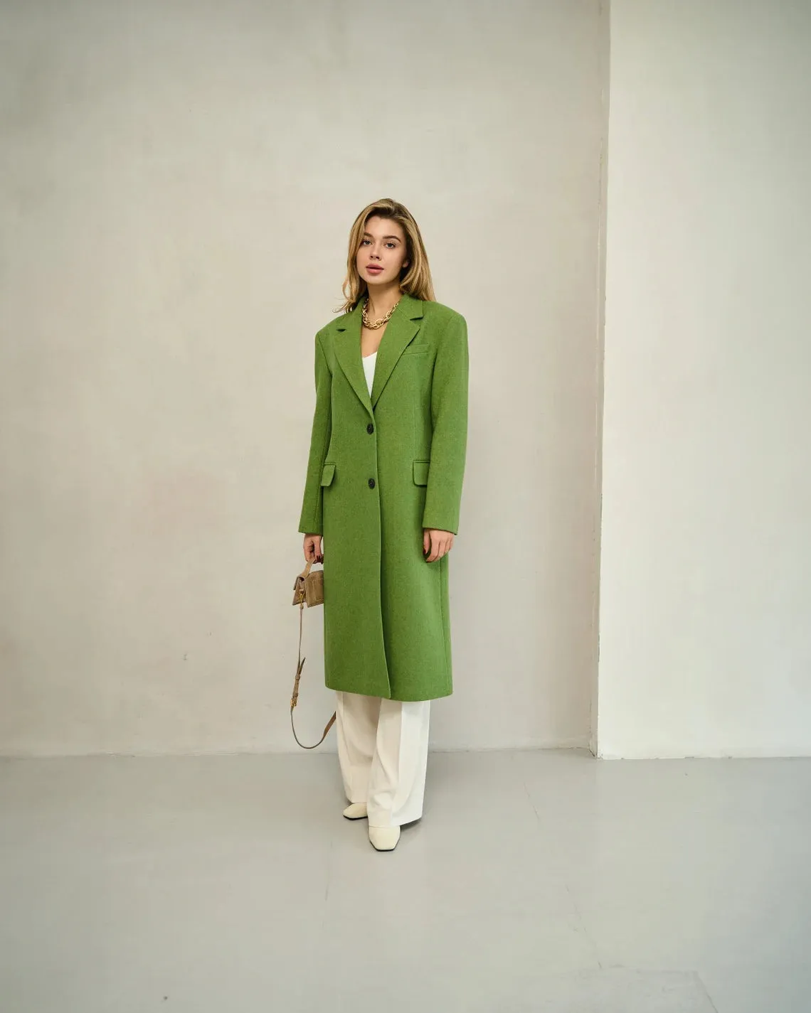 Grass green long wool coat