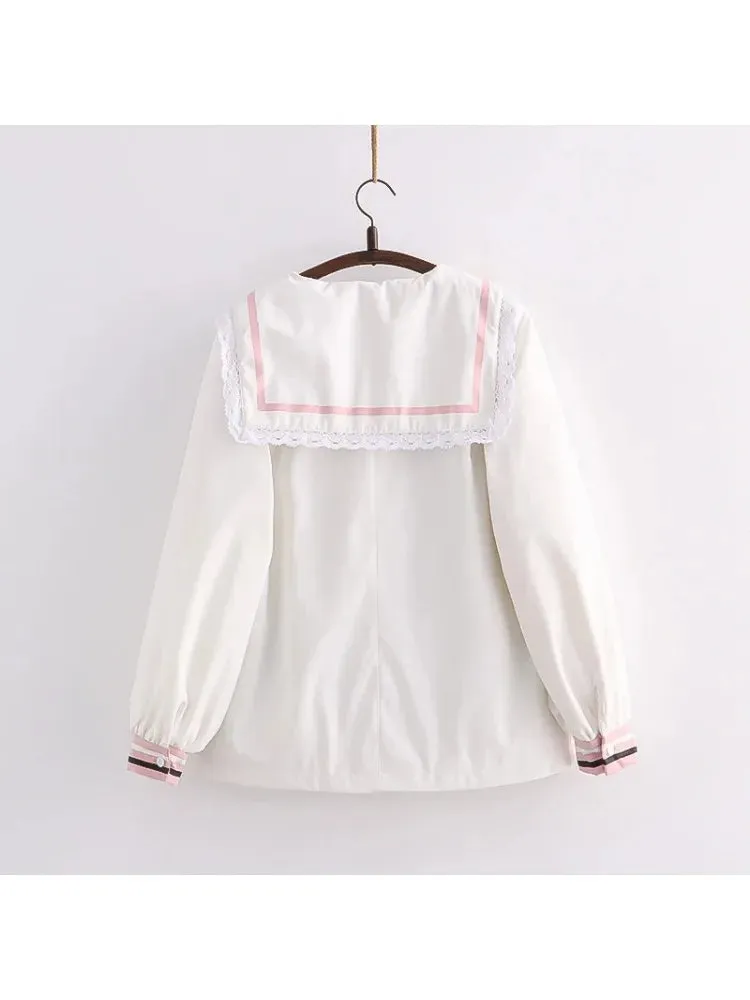 Harajuku Rabbit Embroidery Women Quilted Coats Winter Long Sleeve Sailor Collar Bow Ladies Cotton Liner Jackets Outwears