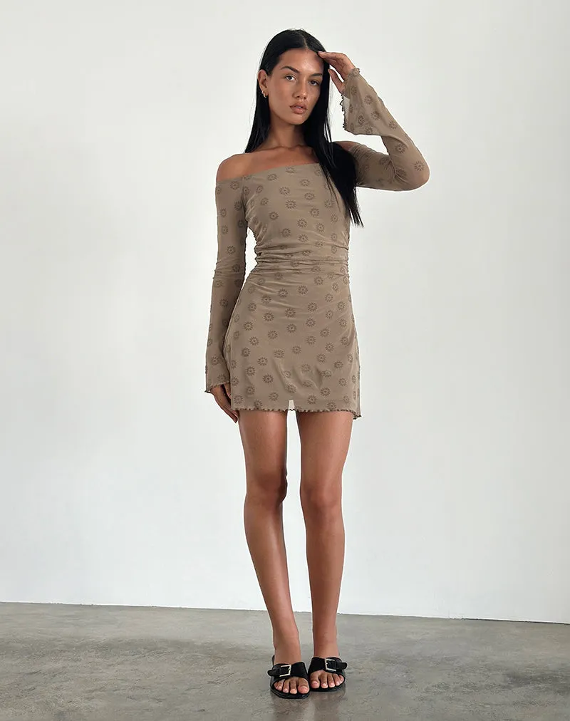 Kausar Off Shoulder Mini Dress in Daisy Flock Light Brown