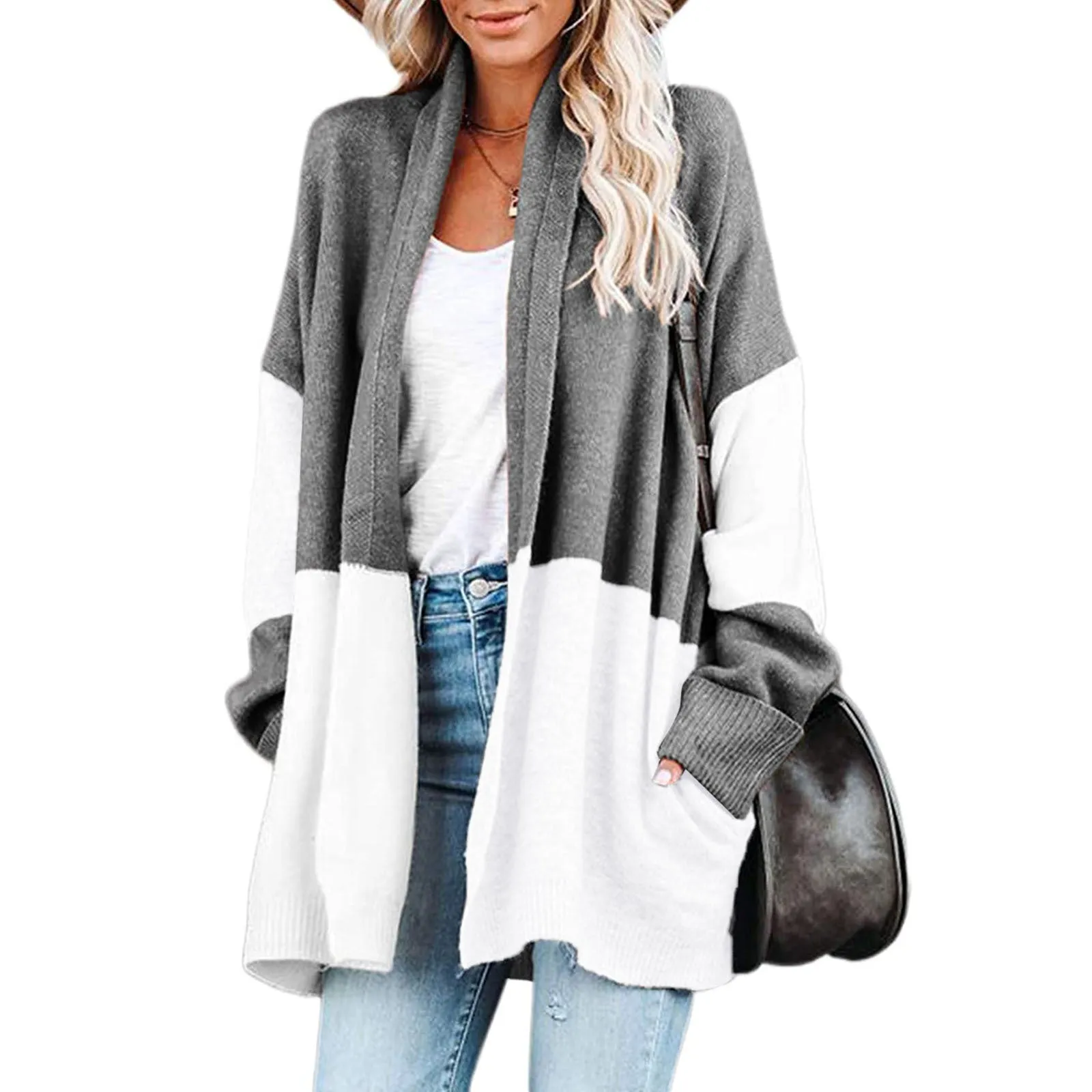 Long Sleeve Knitted Casual Striped Cardigan Color Block Knit Open Front Sweater Coat