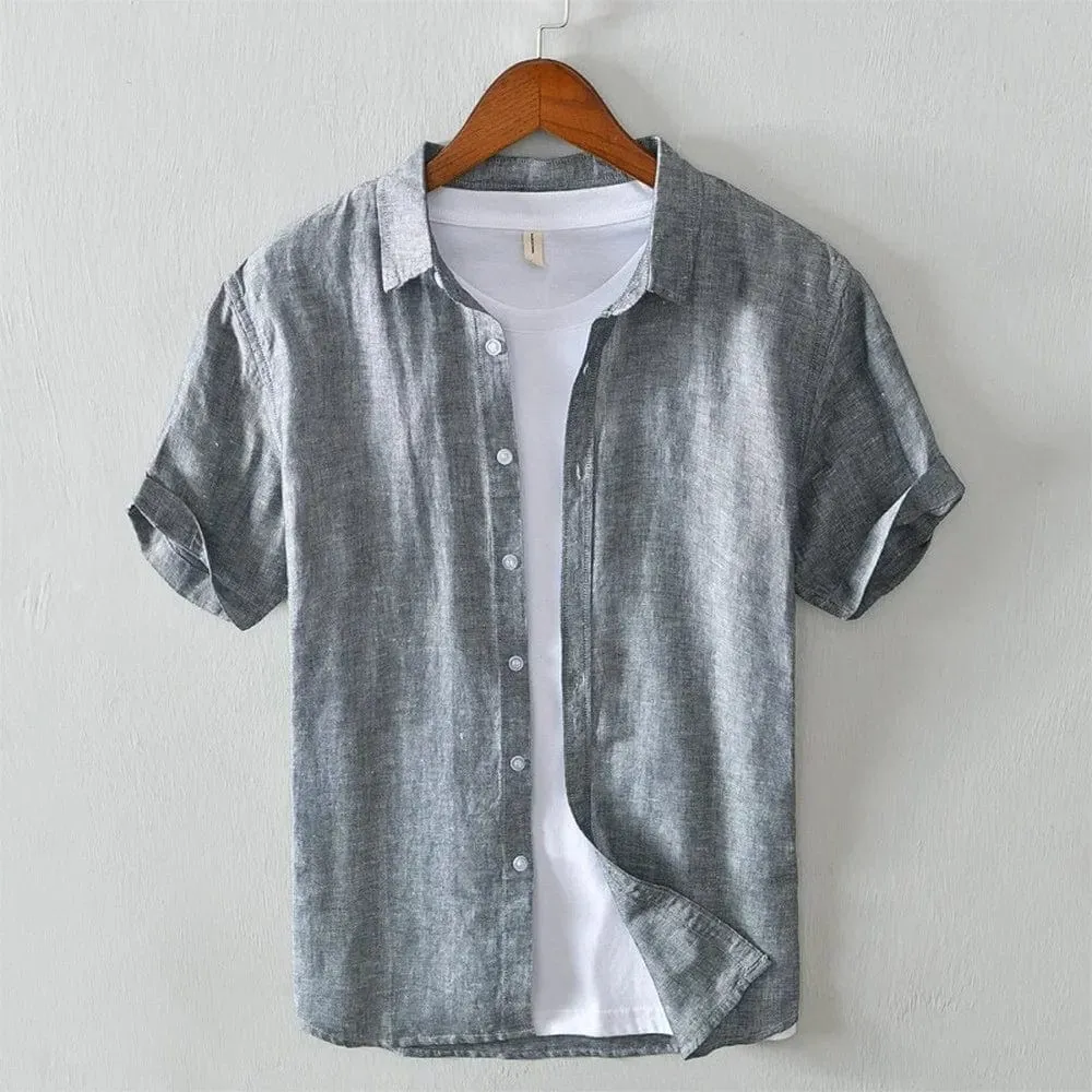 Men's Summer Streetwear Linen Shirt - Casual Short Sleeve Solid Color Breathable Slim Fit Top