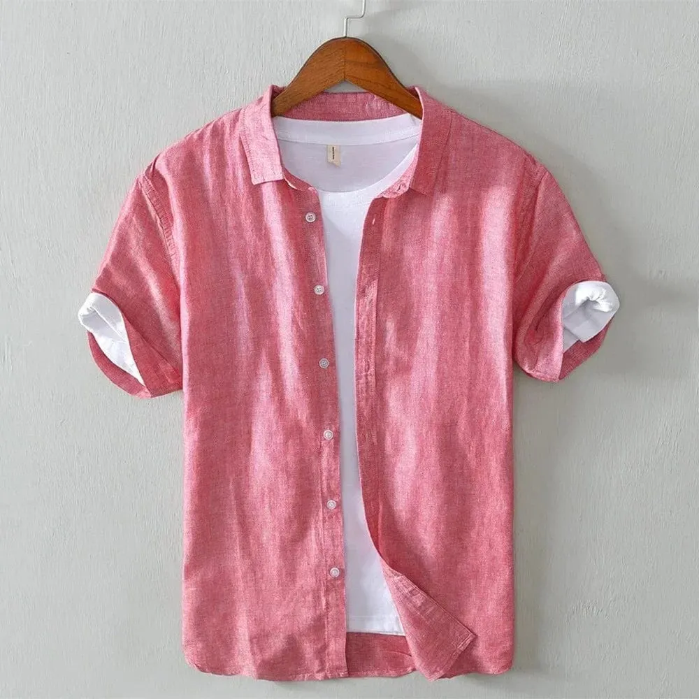 Men's Summer Streetwear Linen Shirt - Casual Short Sleeve Solid Color Breathable Slim Fit Top