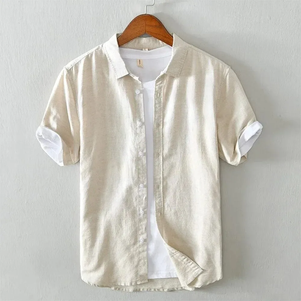 Men's Summer Streetwear Linen Shirt - Casual Short Sleeve Solid Color Breathable Slim Fit Top