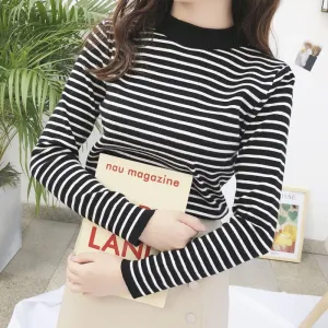 METAVERSMALL Autumn and winter new striped loose and versatile long-sleeved top knitted sweater 2023 temperament warm inner bottoming sweater