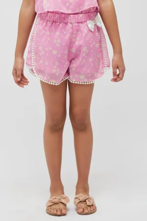 One Friday kids Girls Pink Floral Shorts with Lace & Bow