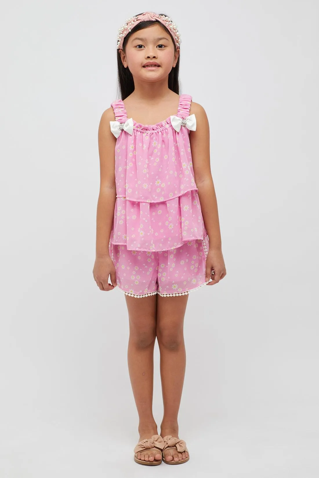 One Friday kids Girls Pink Floral Shorts with Lace & Bow