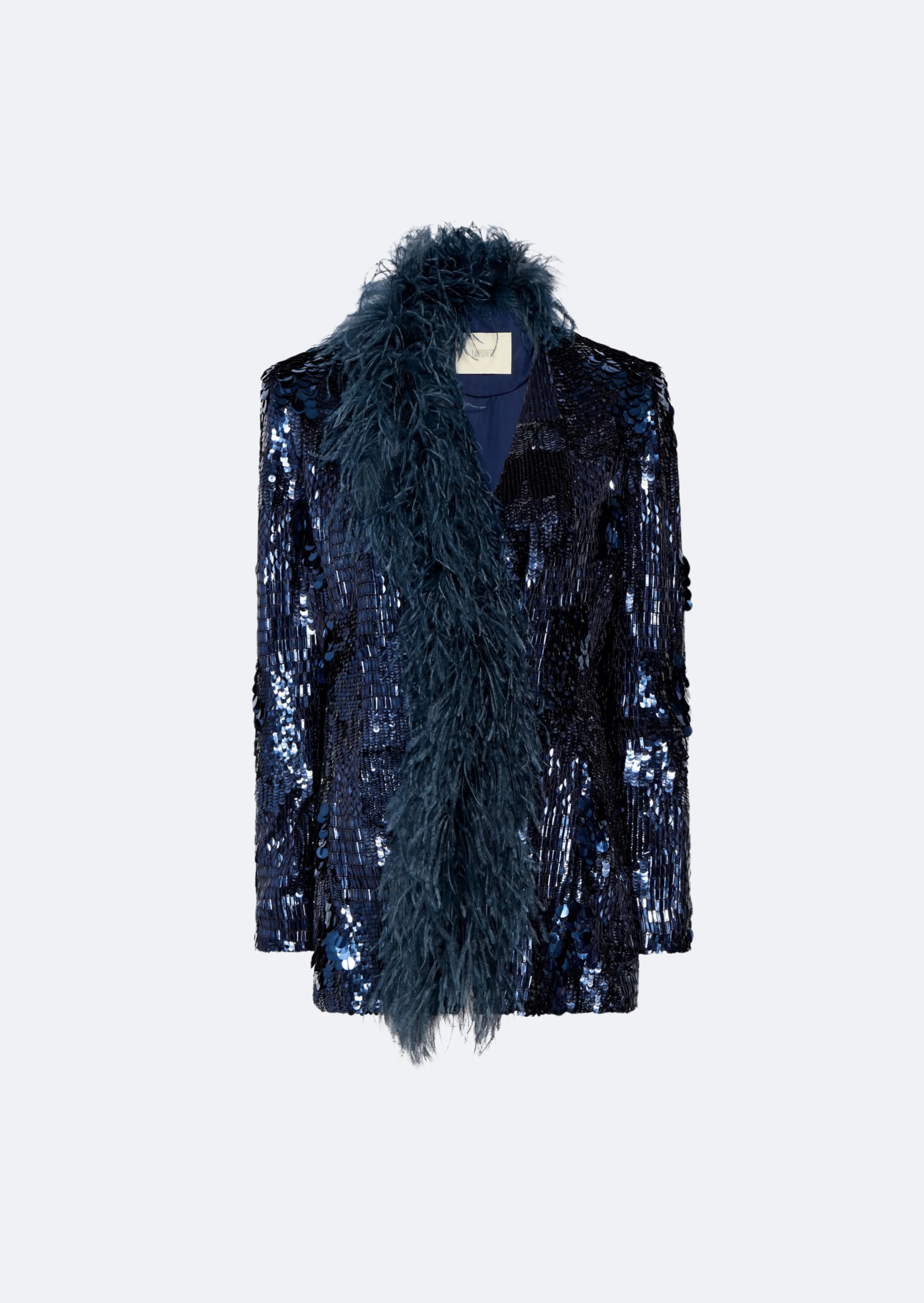 Patchwork Sequin Collarless Blazer With Feathers