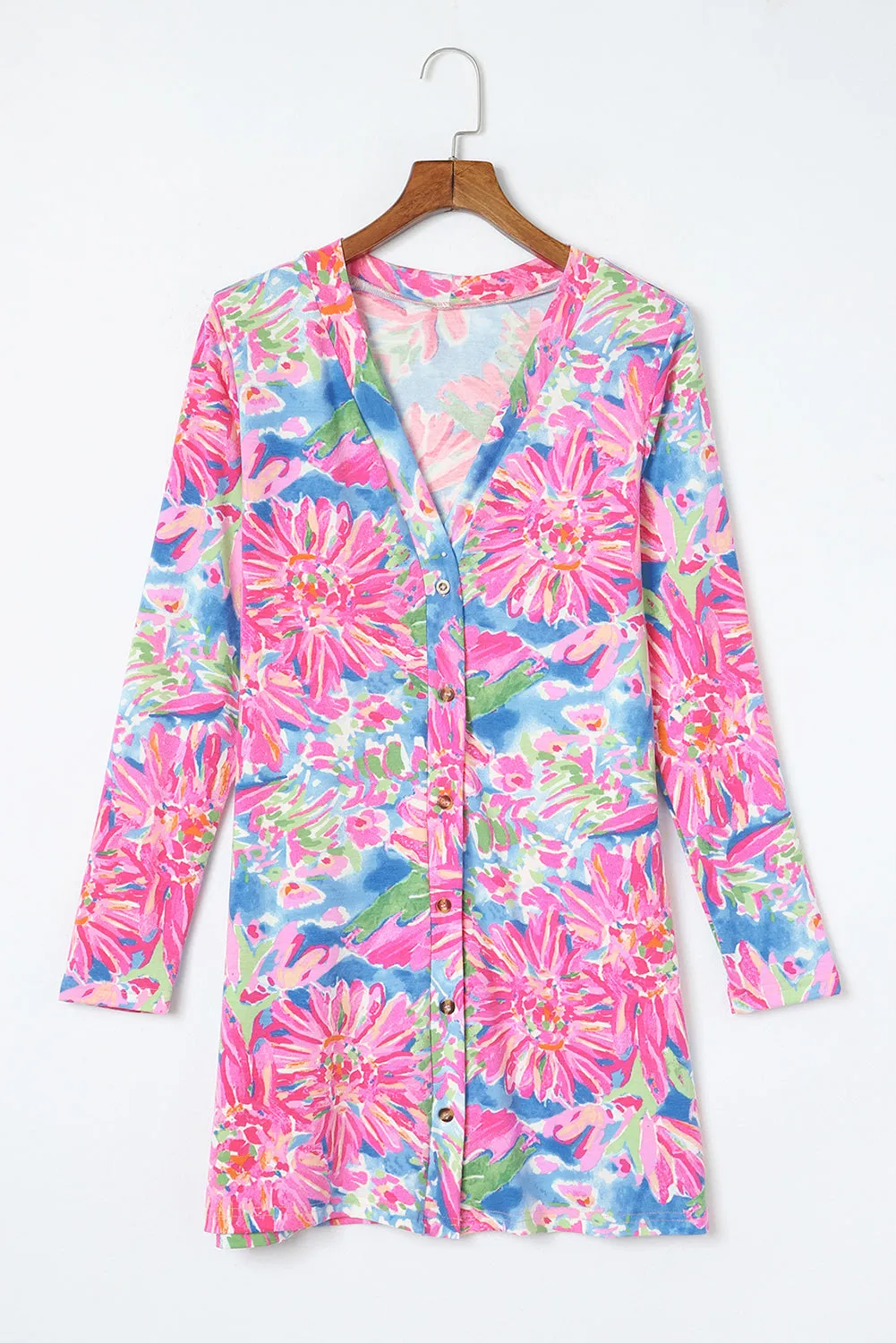 Pink Flower Print Long Sleeve Button Up Cardigan