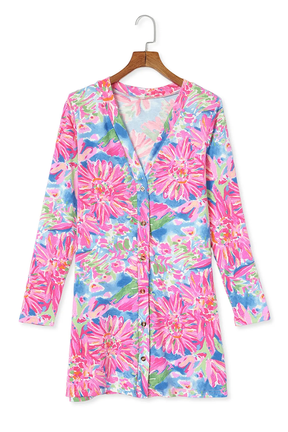 Pink Flower Print Long Sleeve Button Up Cardigan