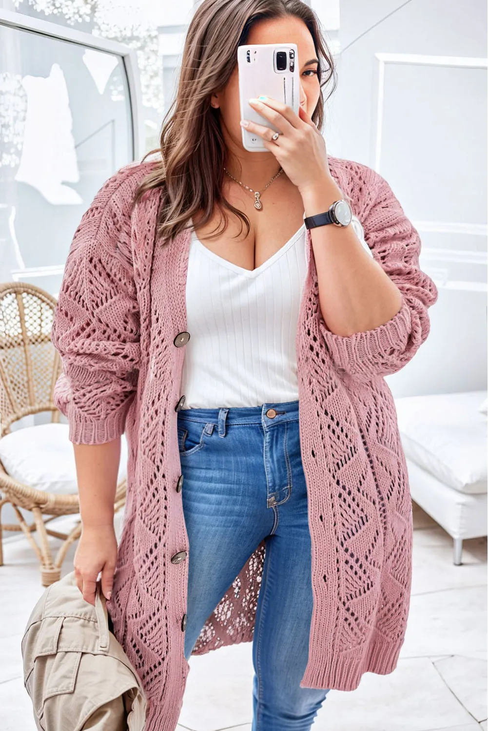 Pink Open Knit Button-Up Plus Size Cardigan