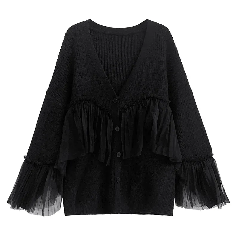 Pre Order:  Ruffled Mesh Patchwork Knit Top