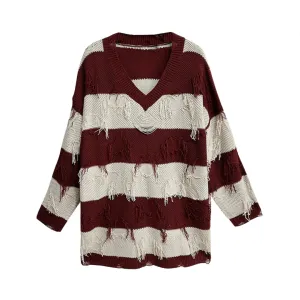 Pre Order:  Striped Tassel V-Neck Loose Knitted Sweater