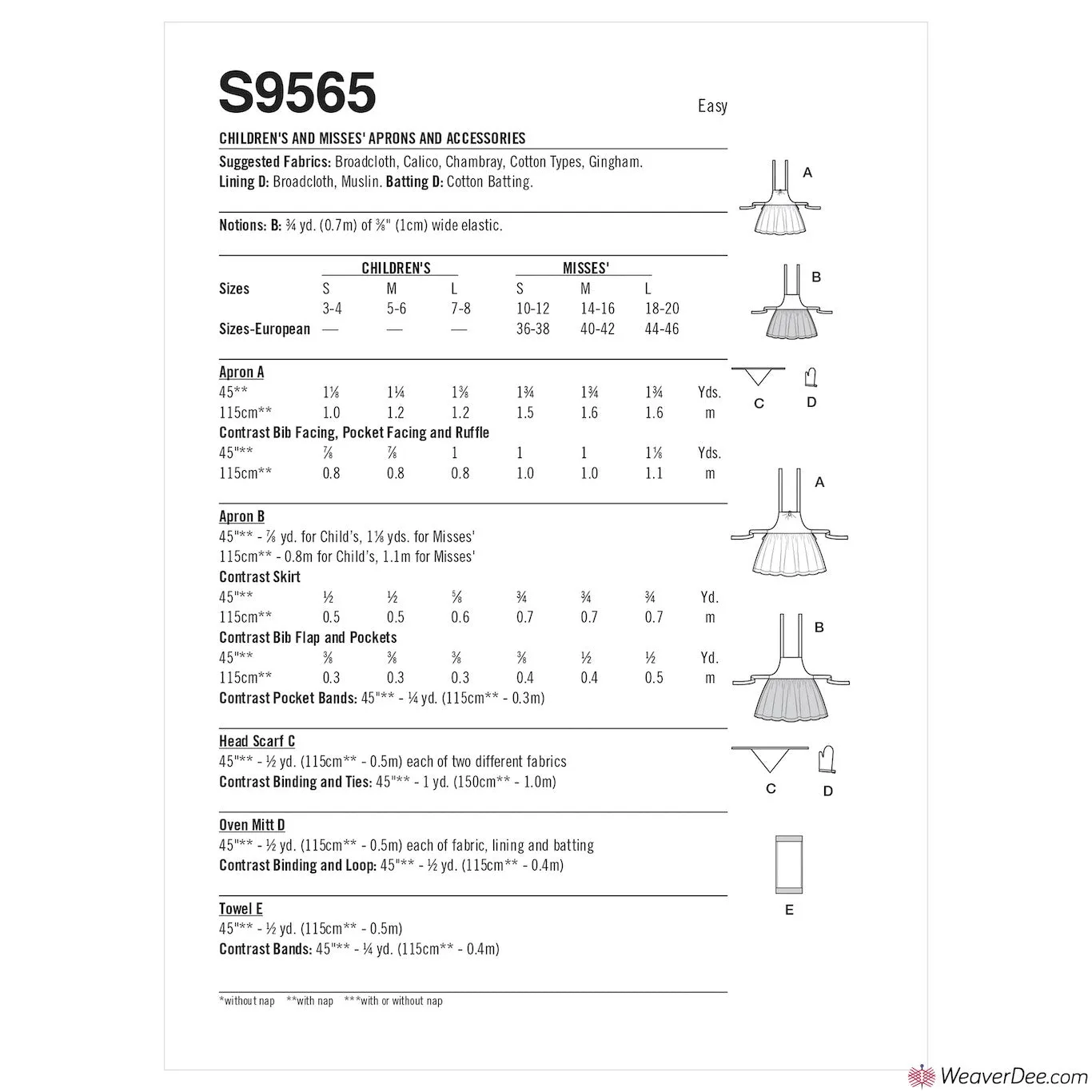 Simplicity Pattern S9565 Children's & Misses' Aprons   Accessories