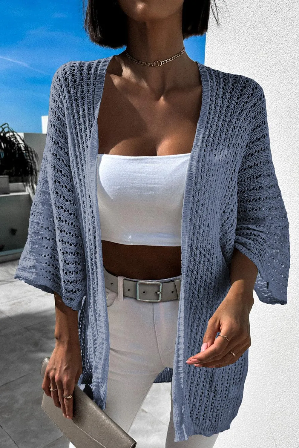 Sky Blue Hollow-out Knit Kimono Lightweight Cardigan