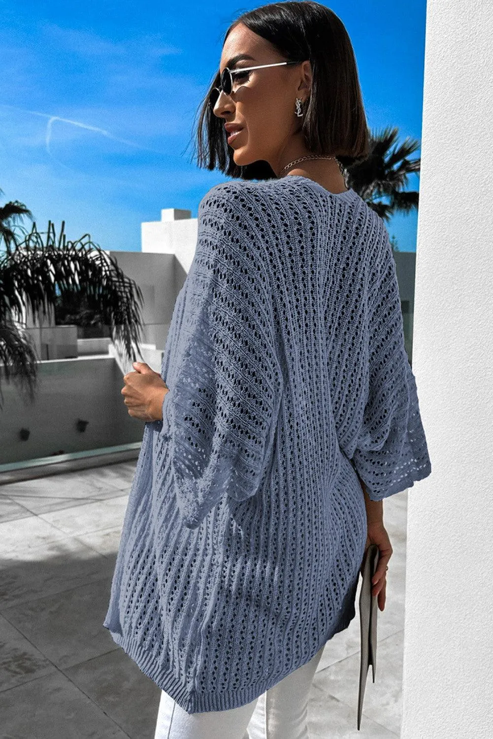 Sky Blue Hollow-out Knit Kimono Lightweight Cardigan