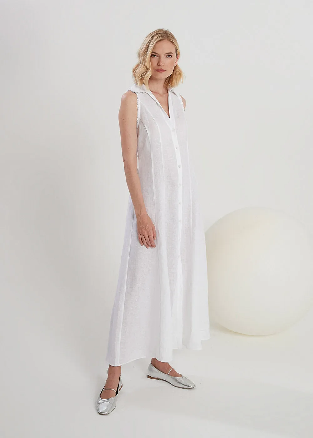 Sleeveless Linen Maxi Shirt Dress - White