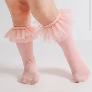 Starry Pink Tulle Ruffle Knee High Socks