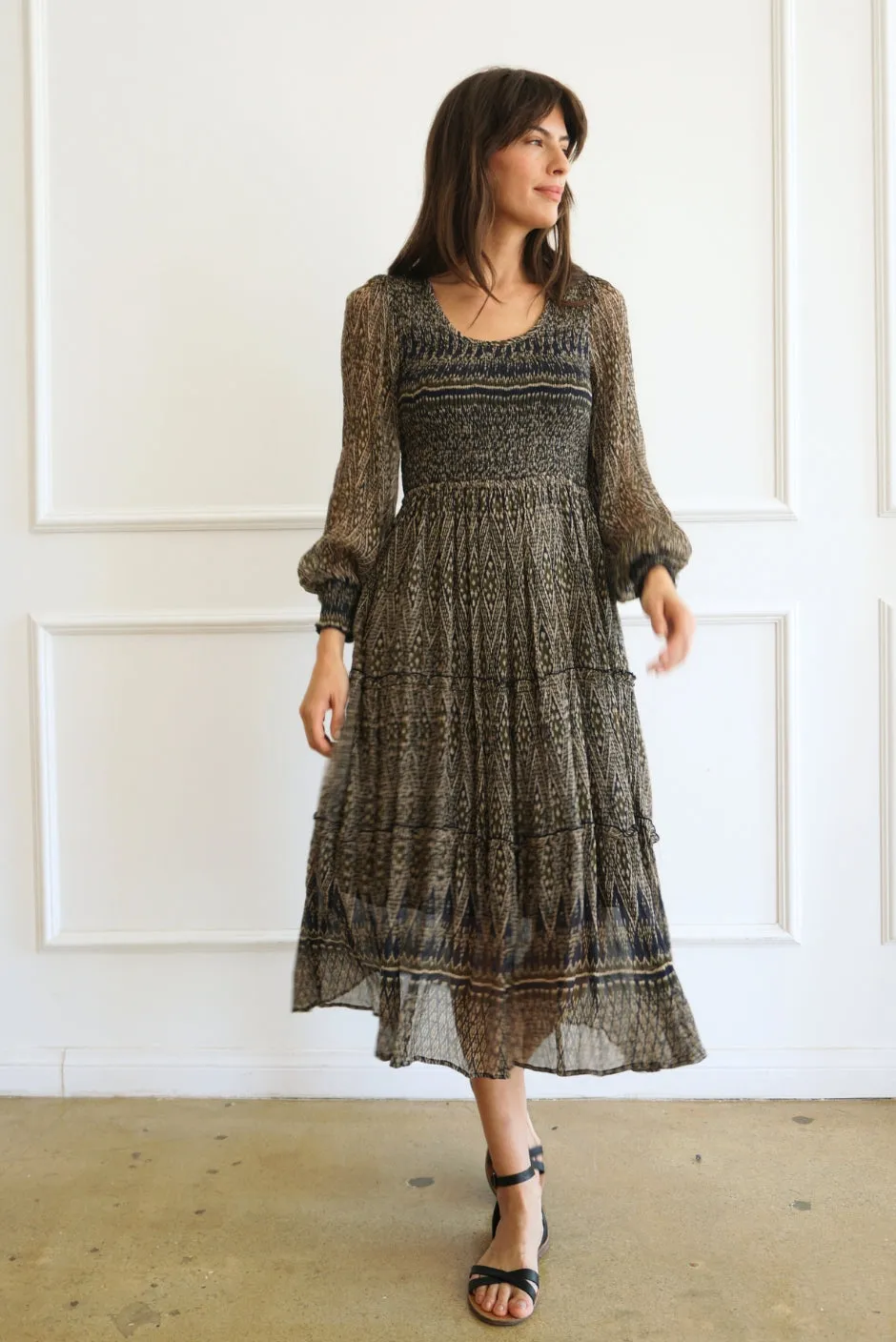 Stella Midi Dress in Olive Ikat