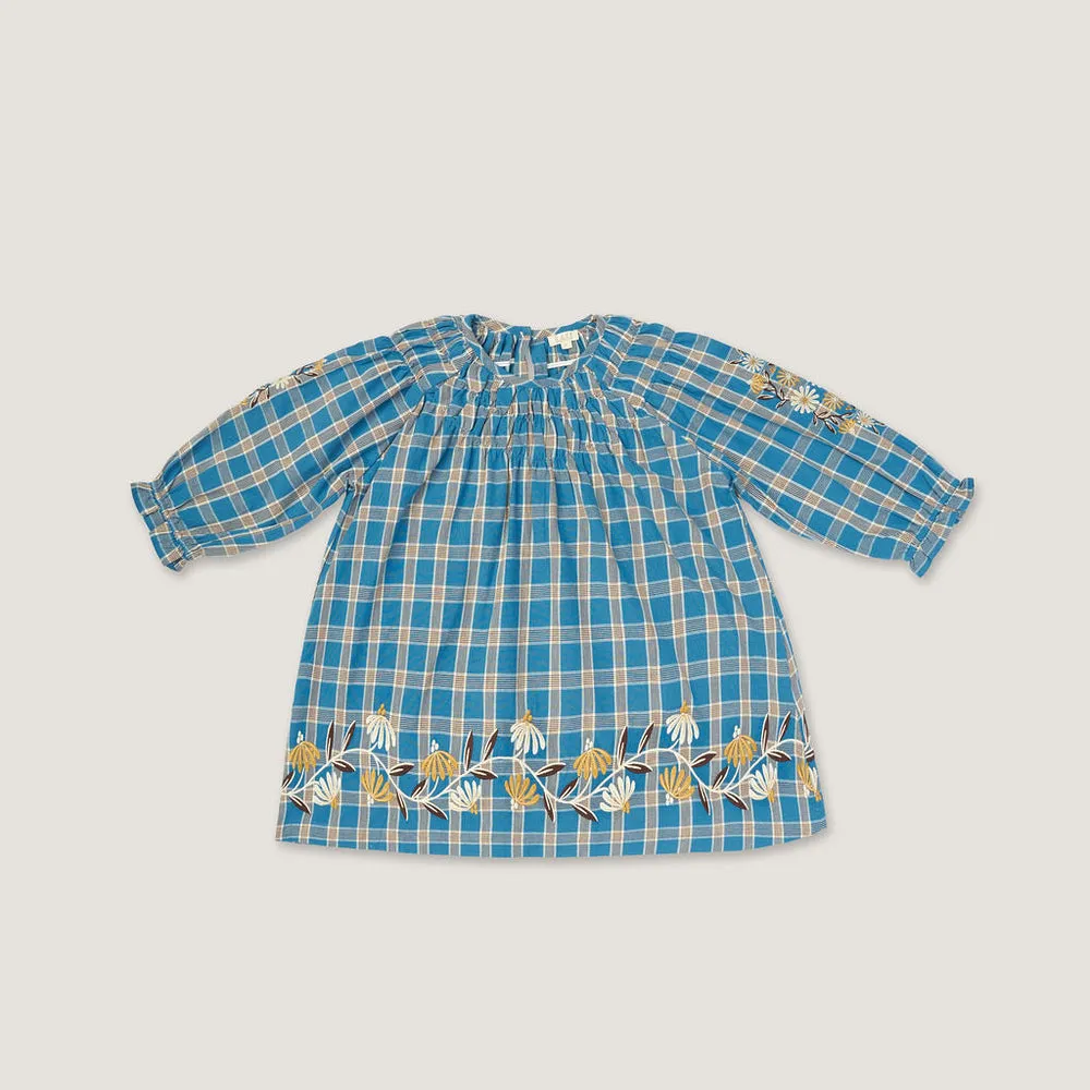 Tulip Dress, Azure Plaid with Embroidery