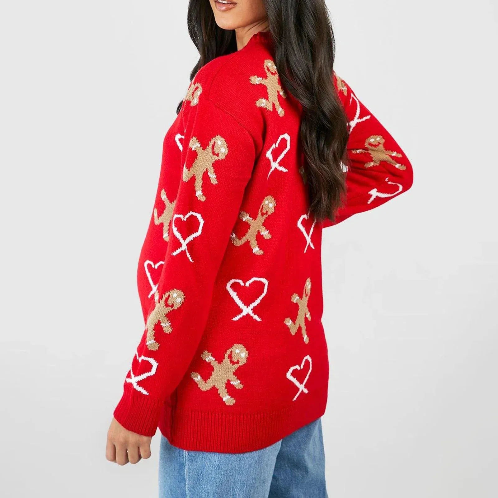 Wenkouban-Christmas Thanksgiving outfits_Christmas Gingerbread Print Long Sleeve Round Neck Casual Loose Christmas Sweater