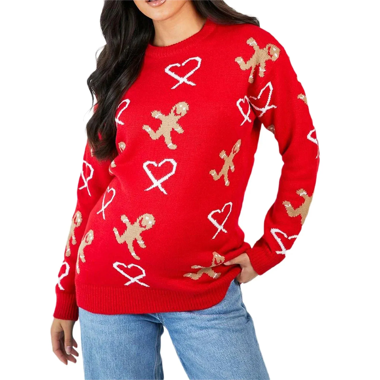 Wenkouban-Christmas Thanksgiving outfits_Christmas Gingerbread Print Long Sleeve Round Neck Casual Loose Christmas Sweater