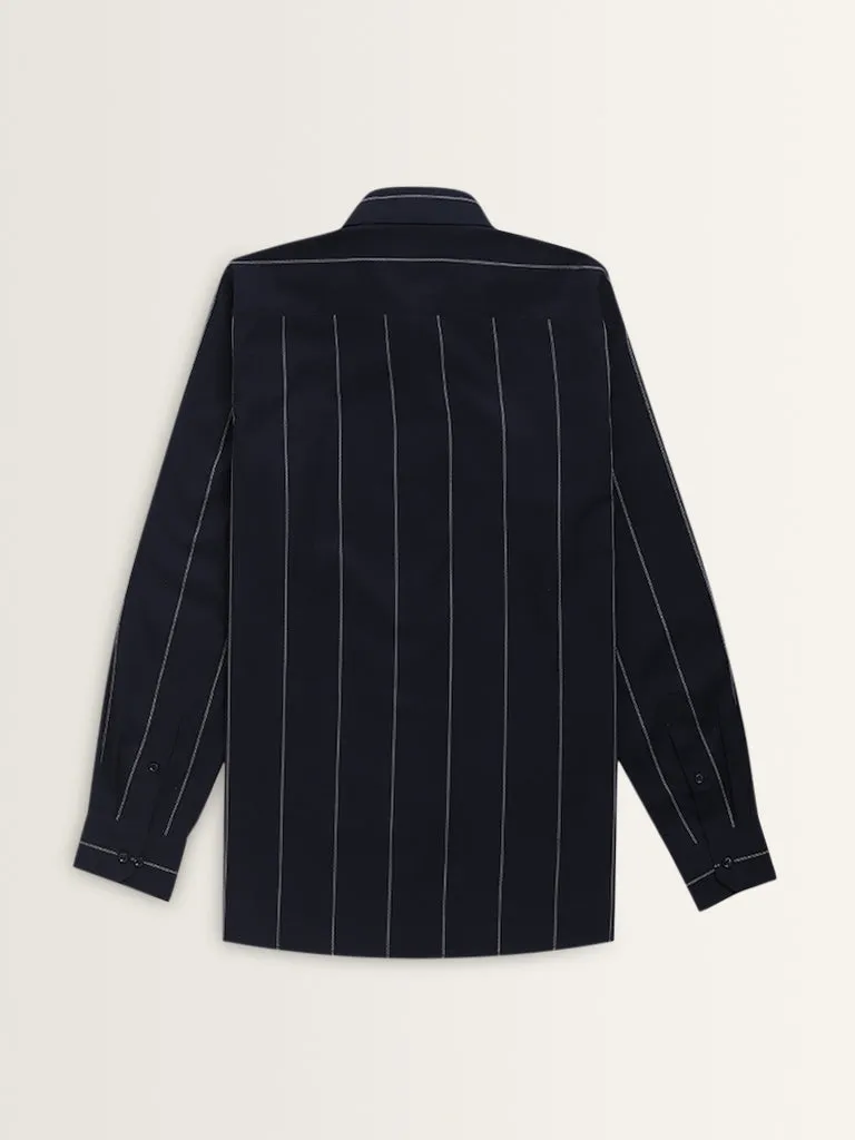 WES Formals Navy Striped Slim-Fit Cotton Shirt