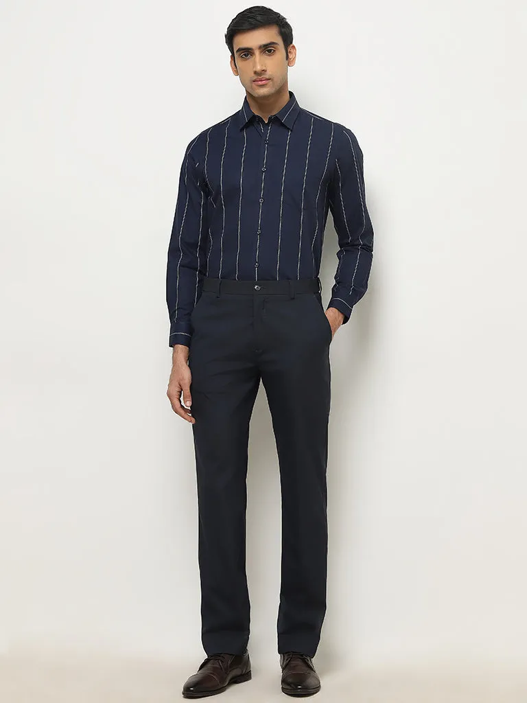 WES Formals Navy Striped Slim-Fit Cotton Shirt